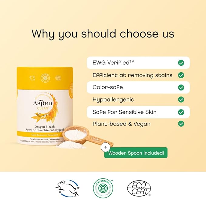 AspenClean | Unscented Oxygen Bleach Powder | Color Safe Laundry Stain Remover | Bleach Alternative | EWG Verified™, Hypoallergenic, Non-Toxic | 45 Loads