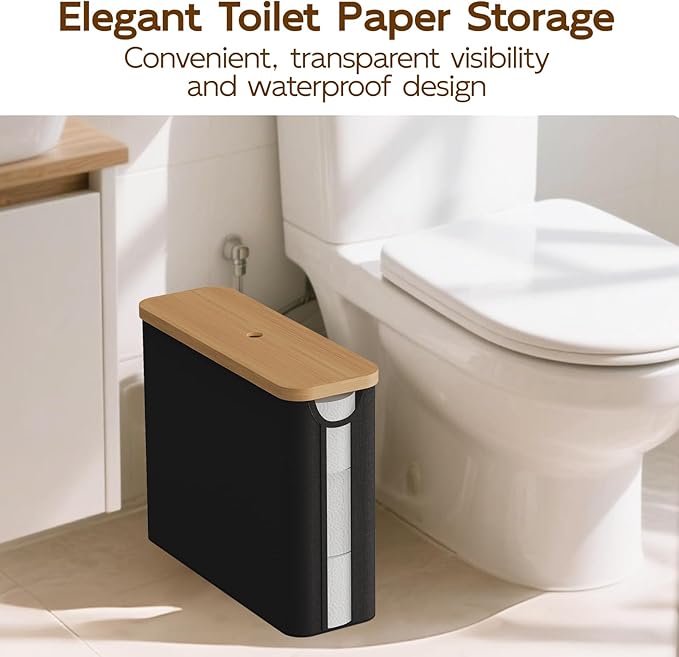 Toilet Paper Storage Basket with Bamboo Lid, Toilet Paper Holder with Storage, Free Standing Bathroom Storage Organizers with Non-Slip Bottom, Black 1 Pack