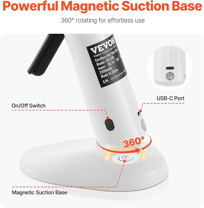 VEVOR Hot Glue Gun, Rechargeable Cordless Glue Gun, Mini Wireless Hot Glue Gun Kit with 2200mAh Battery, 20 Pcs Glue Sticks, Fast Preheating & High Temp, for Crafts, Arts, DIY, Quick Home Repairs