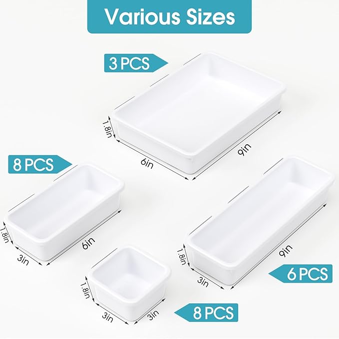 25 PCS Drawer Organizer Set, 4 Size Makeup Drawer Divider Organizer With Non-Slip Pads, Interlocking Plastic Storage Bins for Office,Jewelry Vanity,Gadgets, Bathroom,Kitchen, White