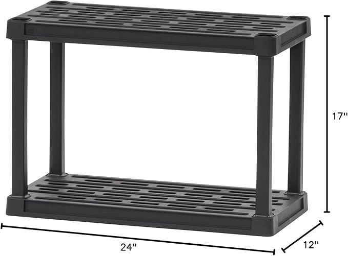 IRIS USA 2-Shelf Light Duty Plastic Storage Shelves, 100lb Capacity, 17" H x 24" W x 12" D, Medium Modular Shelving Unit Storage Organizer for Bathroom, Laundry, Garage & Home, Storage Rack - Black