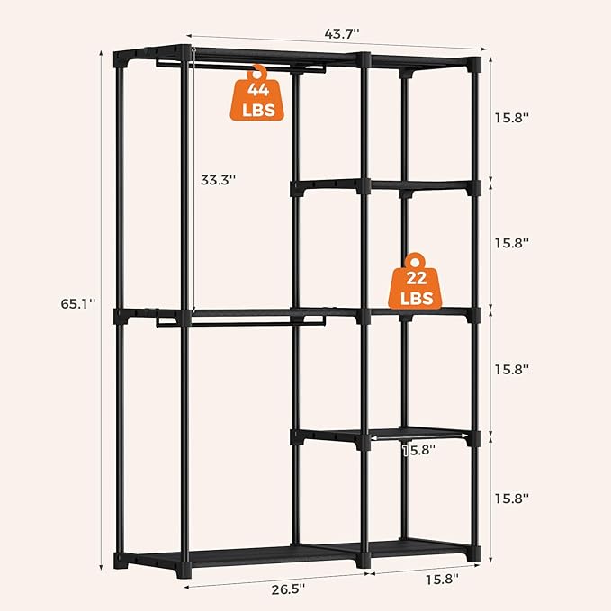 OLIXIS Portable Wardrobe Closet with Hanging Rods, 44 Inch Portable Clothing Rack with Shelves, Heavy Duty Clothes Rack, Freestanding Closet Organizer