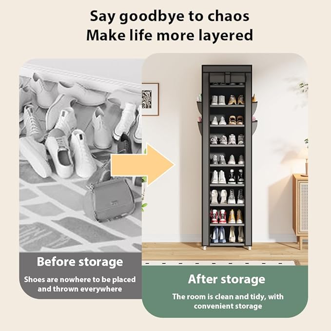 Calmootey 9 Tier Shoe Rack Organizer,Portable Shoe Shelf with Nonwoven Fabric Cover for Closet Hallway,Bedroom,Entryway,17.72x11.81x62.99inches,Grey