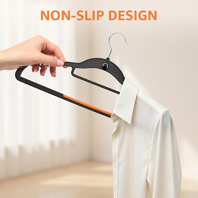Yolife Cascading Plastic Clothes Hangers 20 Pack with Inner Hook for Vertical Storage, Slim Space Saving Hangers with Non-Slip Pads, 360° Swivel Metal Hook, Versatile, Black & Orange