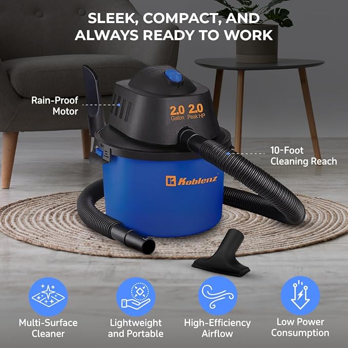 Koblenz Wet Dry Vacuum Cleaner, 2 Gallon 2.0 PHP, 60 CFM, 10 ft Reach, Twist-N-Lock Hose, Small Shop Vac, Portable Shop Vac for Home Car Garage Workshop, Accessories Included, Blue/Black, WD-2L