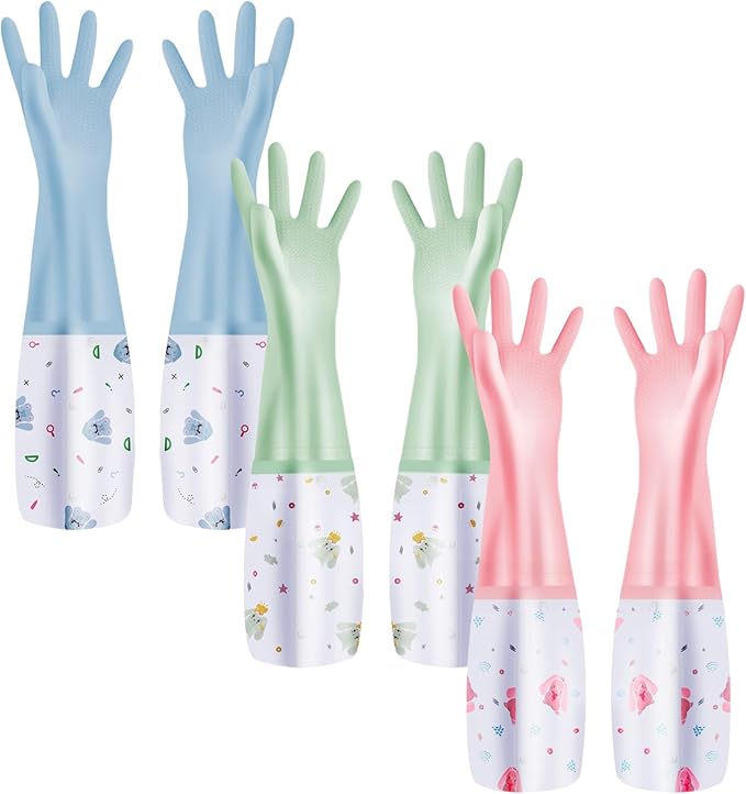 3Pcs Reusable Dishwashing Gloves, Waterproof Long Cuff Non-Slip Household Gloves With Cotton Lined For Laundry, Cleaning, Working, Gardening