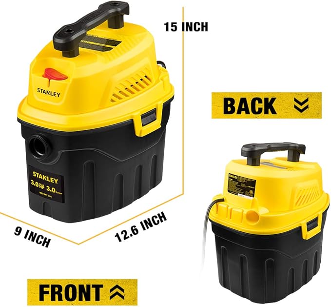 STANLEY 3 Gallon Wet Dry Vacuum, 3 Peak HP Poly 2 in 1 Shop Vac with Powerful Suction, Portable Shop Vacuum Car Vacuum W/ 3 Horsepower Motor for Auto Detailing, Tight Space Garage,Van,Vehicle