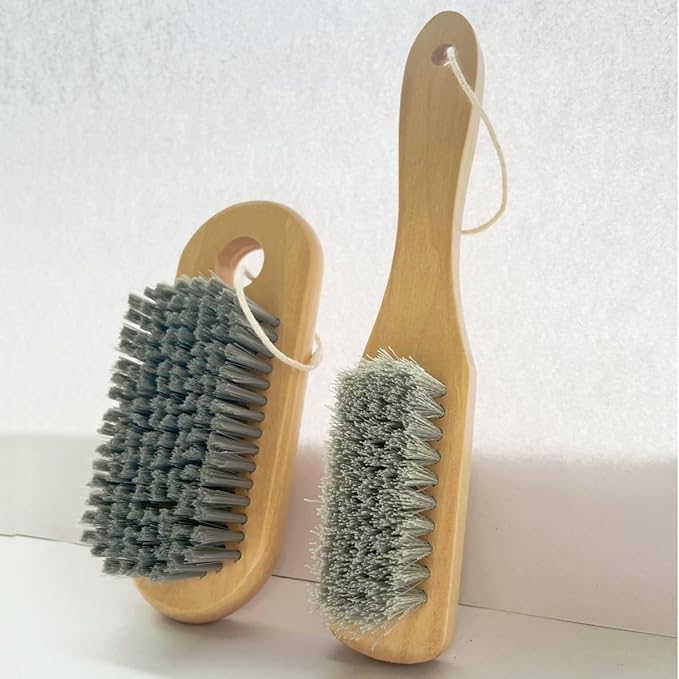 2PCS Wood Laundry Brush, Long Handle Clothing Stain Remover Scrubber, Soft Bristle for Scrubbing Out Tough on Delicate, Easy to Grip Hand Washing Clothes
