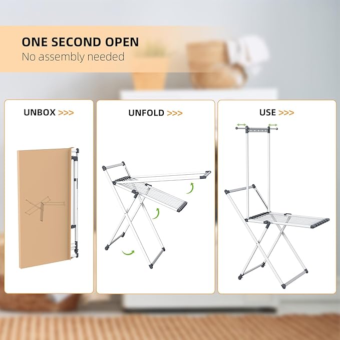 Clothes Drying Rack, Foldable Laundry Rack for Indoor Outdoor, 10pcs Sock Clips, Collapsible Space-Saving Drying Rack for Clothes Towels Dolls, White (Gray-Hanger)