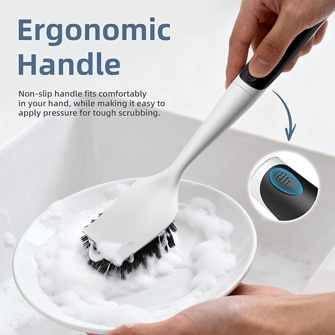 Dish Scrub Brush, 2 Pack Stiff Bristles Cleaning Scrubber Brushes with Non Slip Handle Built-in Scraper, Kitchen Dish Brushes for Cleaning Pans, Pots, Stoves, Sink