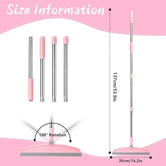 Multifunction Silicone Broom, 54 Inch Adjustable Long Handle Rubber Broom Sweeper for Floor Bathroom Kitchen Shower Pet Hair Glass(Gray Pink)