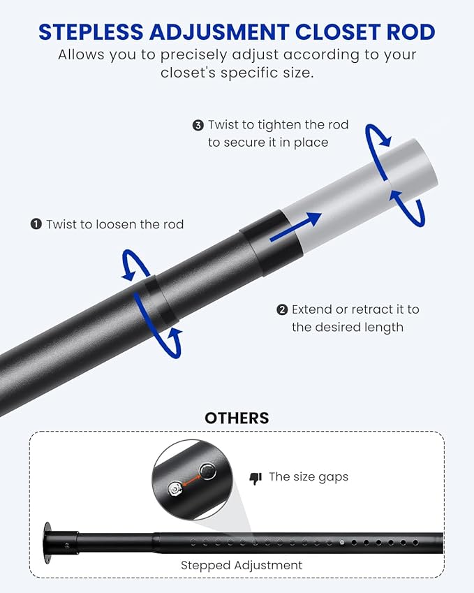 Supforce 4 PACK Closet Rods for Hanging Clothes, 17 to 28 Inches Stepless Adjustable Metal Closet Rod, 1.3 Inches Heavy Duty Clothes Hanging Rod for Closet Wardrobes Laundry RV, Black