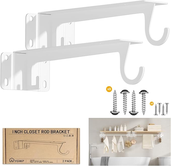 Closet Rod Bracket White WYGWP Heavy Duty Shelf Brackets with Rod Holder Supports 200lbs,Sturdy Closet Shelves Wall Mounted for DIY Home and Closet Decor