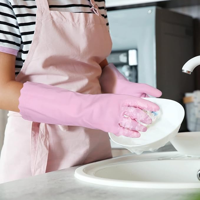 Bamllum Rubber Cleaning Gloves - 2 Pairs Latex Free Kitchen Cleaning Gloves with Cotton Liner- Household Dishwashing Gloves, Non- Slip Waterproof (Large, Blue+Pink)