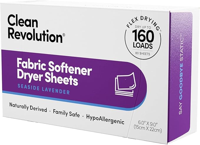 Clean Revolution Natural Fabric Softener Dryer Sheets, 80 Sheets, 160 Loads, Seaside Lavender, Naturally Derived, Sensitive Skin Safe, Made in the USA (Pack of 2)