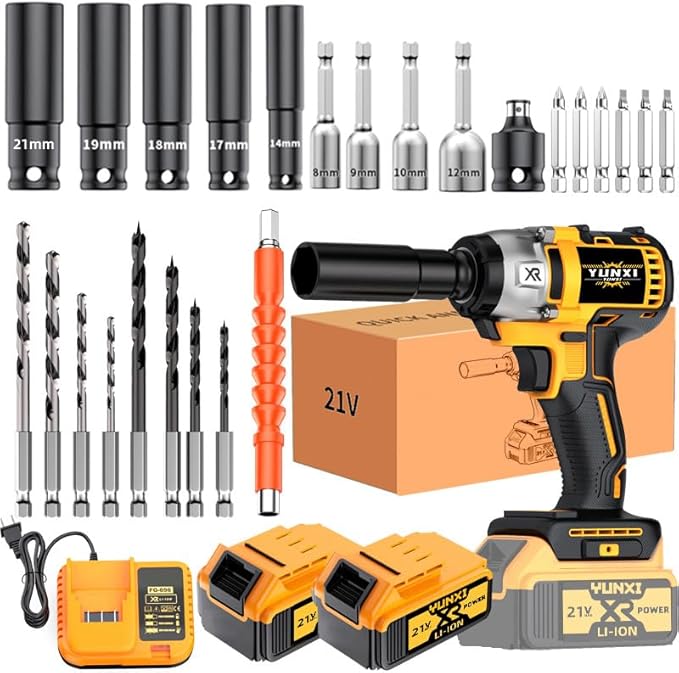 Wireless impact electric wrench kit, impact drill with charger, lithium-ion battery, portable quick charger - suitable for home and car maintenance and repair (Battery * 2+accessories)