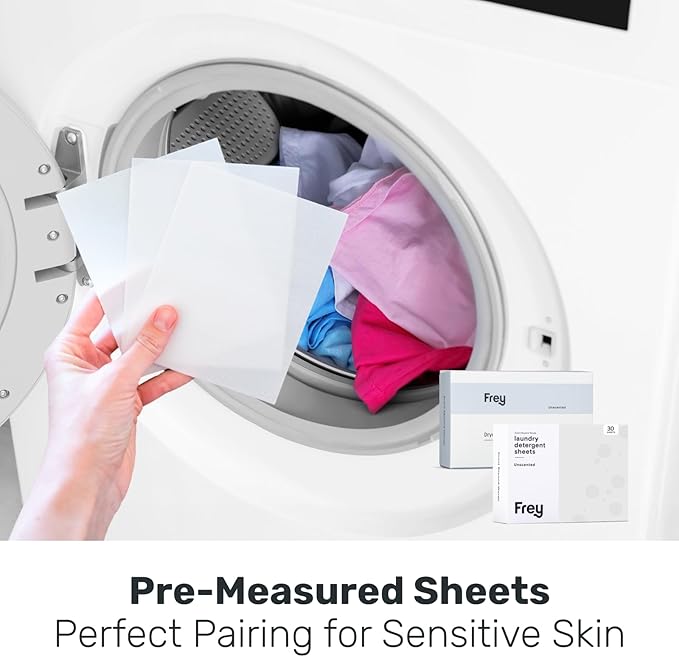 FREY Laundry Detergent & Dryer Sheets Bundle | 60 Count | Plastic Free | Liquidless Full Wash Solution | Soft Fresh Clothes (Fragrance-Free)