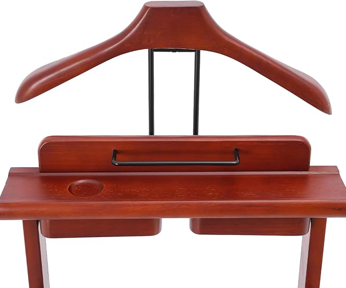 Valet Stand with Wheels and Top Tray, Wood Mens Suit Valet Stand with Shoe Shelf, Freestanding Clothes Valet Stand with Hanger, Storage Organizer for Entryway Office Living Room (B, Walnut Color)