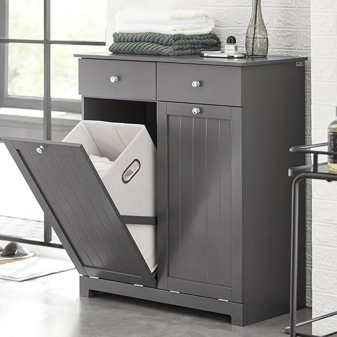 Haotian Tilt-Out Bathroom Laundry Cabinet Hidden Hamper Organizer with Double Baskets and Drawers Storing Unit Storage, Grey BZR33-DG