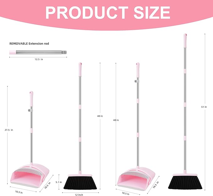 Broom and Dustpan Set House Brooms for Sweeping Indoor Collapsible Broom and Dust Pan Combo for Home Office Kitchen Lobby Floor Pet Hair (Pink)