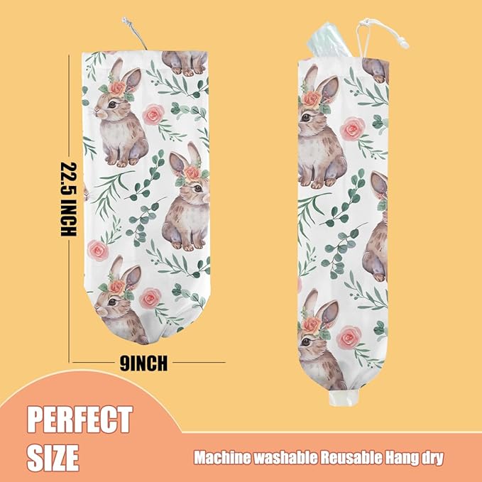 Rabbit Bunny Plastic Bag Holder, Wall Mount Grocery Bag Holder, Plastic Storage bag, Pull Rope Free Adjustment, Plastic Bag Holders for Grocery Bags, Plastic Bag Dispenser for Home Kitchen Camping