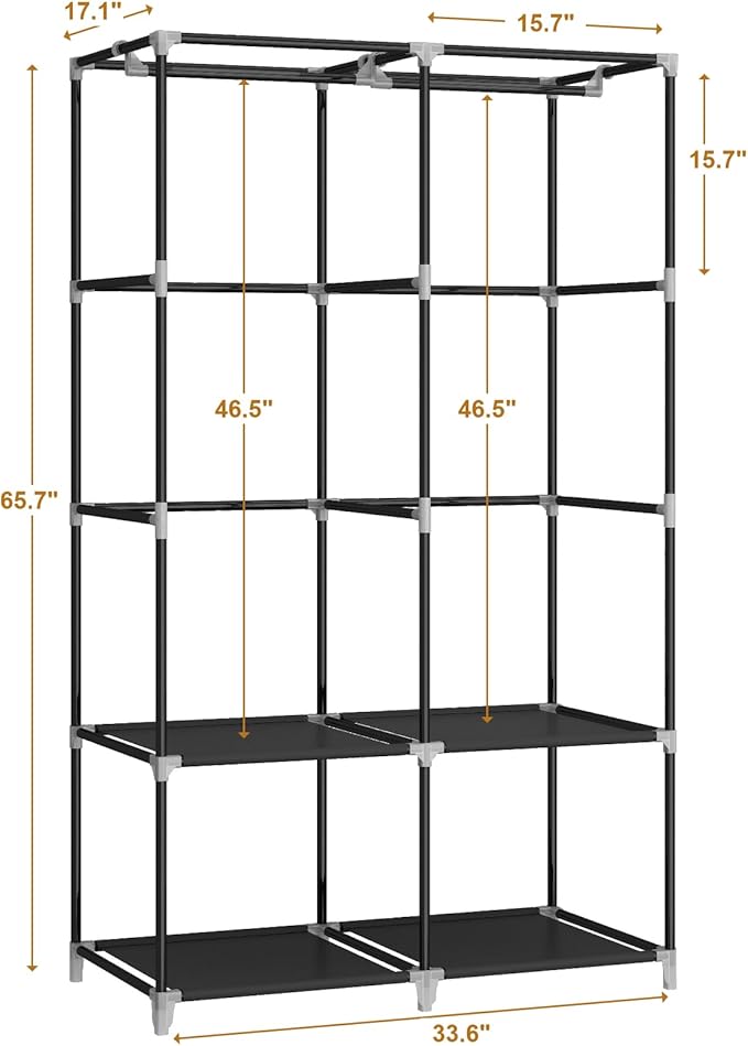 MOGELAFOO Portable Closet Wardrobe for Small Room, 35-Inch Clothing Organizer Storage Rack with 2 Clothes Hanging Rods and 4 Shelves, Non-Woven Fabric Cover, Black