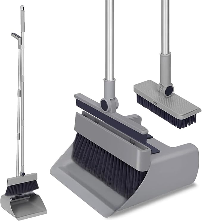 SDSM 4 in 1 Multifunctional Broom and Dustpan Combo Set, Heavy Duty Brooms with 52" Long Handle, with Squeegee and Cleaning Brush, for Clean Home Kitchen Bathroom Office, Sweeping indoor Outdoor Floor