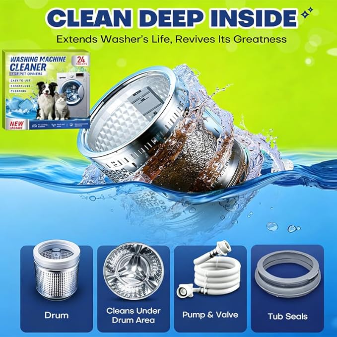 Enzyme Washing Machine Cleaner Tablets for Pet Owners, Protease Washer Cleaner Pet Odor Remover, Deep Clean Washing Machine Pet Hair Remover for Laundry - Safe for HE, Front & Top Load (24 Count)