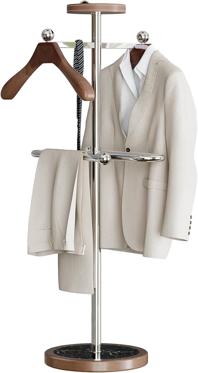 Suit Valet Stand with Marble Base, Freestanding Men’s Clothing Organizer with 2 Wooden Hangers, Storage Tray, Stainless Steel Frame, for Bedroom, Office, Entryway (12.6" x 54.3")