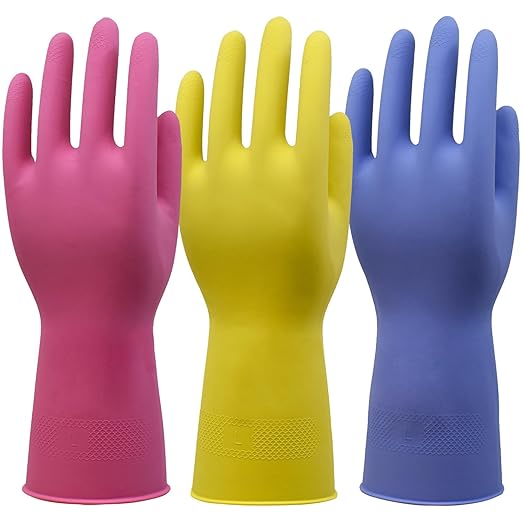 Rubber Kitchen Cleaning Gloves, Reusable Dishwashing Gloves, Non-Slip, with Flocked Liner, 3 Pairs (Pink+Yellow+Blue) (Small)