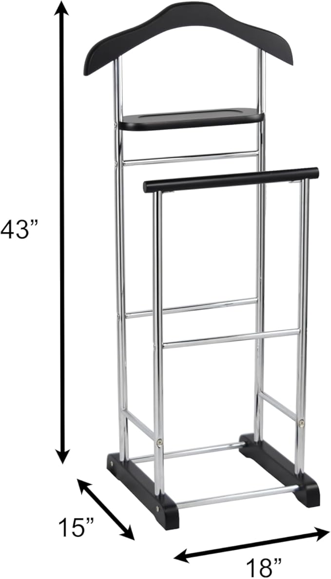 Proman Products Twin Valet with Wooden Hanger Tray & Trouser Bar, Black