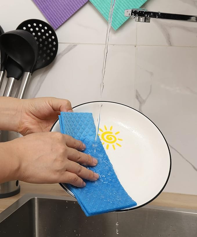 Swedish Dishcloths - 10 Pack Reusable Kitchen Dishcloths - Ultra Absorbent Dish Towels for Washing Dishes - Cellulose Sponge Cloth Cleaning Cloths - Blue