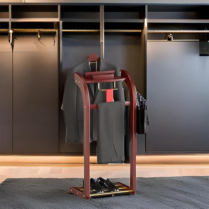 Suit Valet Stands for Women and Men, Wood Valet Stand with Base, Wardrobe Suit Valet Stand Organizer with Trouser Bar and Tie Bar, for Office Living Room (Reddish-Brown)