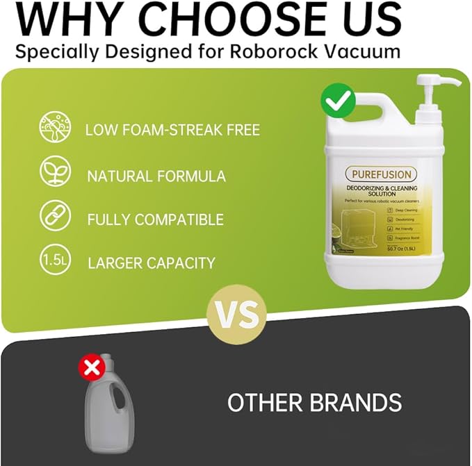 PUREFUSION Cleaning Solution Refill 50.7Fl Oz/1.5L for All Roborock Mopping Robot and Wet Dry Vacuums Saros 10, Saros 10R, S7, S8, Qrevo, Q7, Q8 series, Green Pomelo Scent Hardwood Floor Cleaner