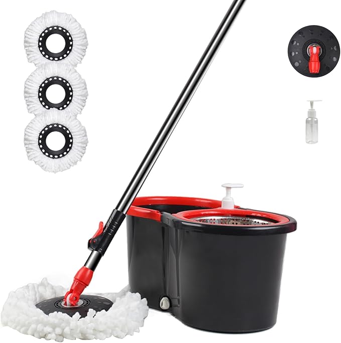 Spin Mop and Bucket with Wringer Set, 360° Spinning Mop Bucket System with 3 Microfiber Mop Replacement Heads, Adjustable Handle for Floor Cleaning (Black)