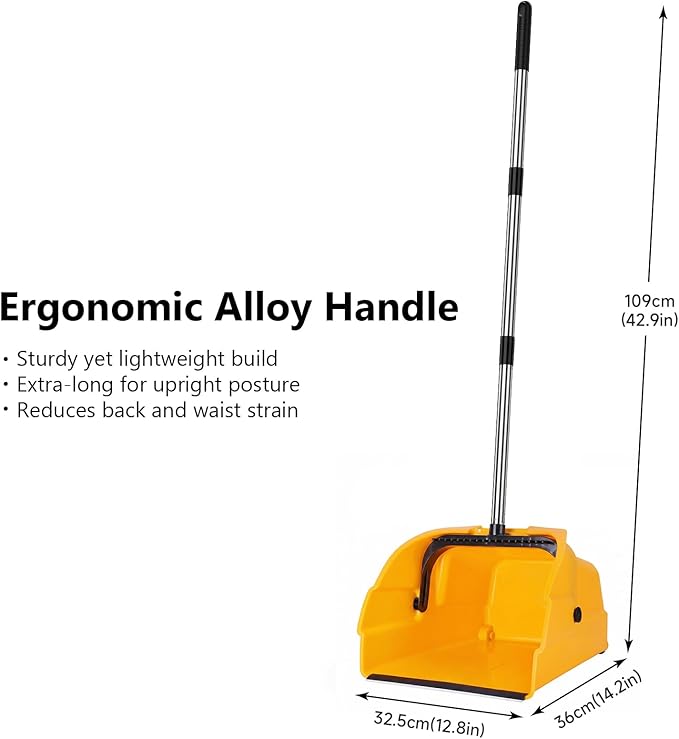 Jumbo Commercial Dustpan with Wheels & Comb Teeth - Heavy Duty Rolling Debris Pan - Long Handle Extra Large Upright Dust Pan for Industrial Warehouse Garage Restaurant Sidewalk Outdoor - Yellow