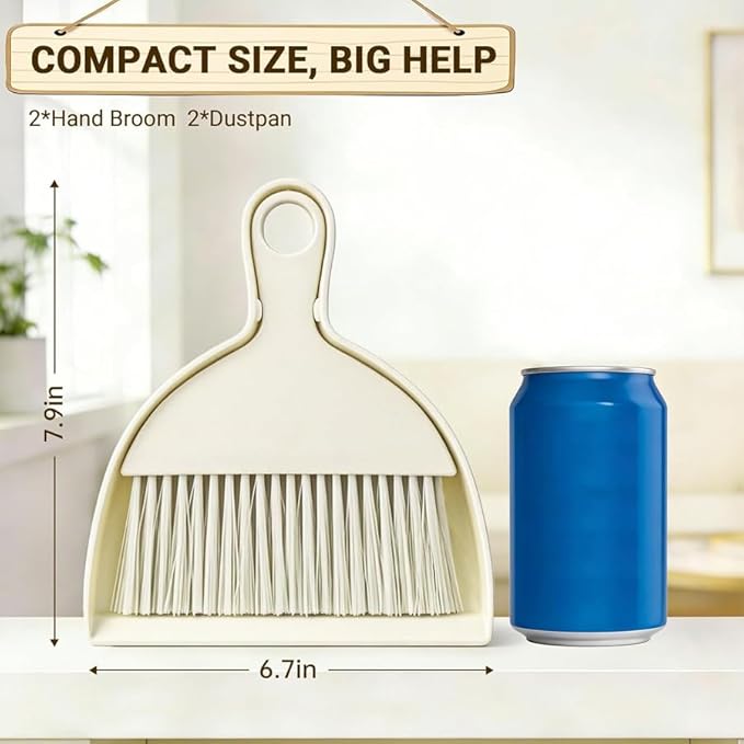 THINKLEARN 2PCS Mini Broom and Dustpan Set, Small Dustpan and Brush, Compact Hand Broom Dust Pan Set for Cleaning, Beige