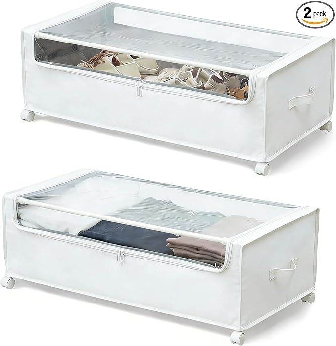 FOUCSSOMEI Under Bed Storage with Wheels, Rolling Under bed Storage with Metal Frame, Under Bed Shoe Storage for Space Saving, Zippered Clear Lid, Heavy-Duty Steel Base for Clothes, White,4XL 90L
