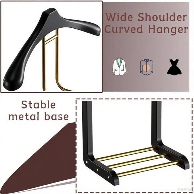 Suit Valet Stands for Women and Men, Wood Valet Stand with Base, Wardrobe Suit Valet Stand Organizer with Trouser Bar and Tie Bar, for Office Living Room (Black)