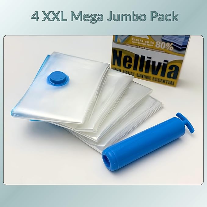 4 Mega Jumbo XXL Vacuum Storage Bags with Pump, Supersized Compression Space Saver for Comforter, duvet, Bedding, Blanket storage, Vacuum Seal Bags for Clothing, Durable Safe Poly Material