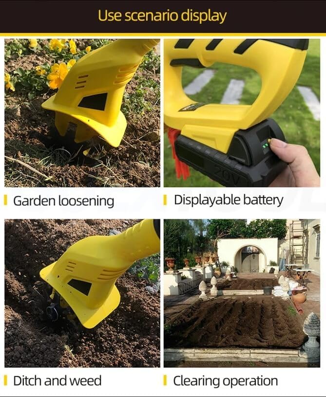 20 V Cordless Tiller Cultivator, 250 RPM Electric Rototiller for Gardening, 6.7" Deep x 4" Wide Cultivation, Battery Included (Classic Yellow)