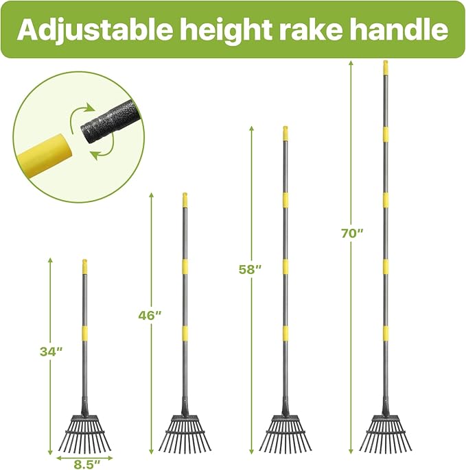 Rake for Leaves, Small Leaf Rake for Garden, 70-inch Adjustable Metal Rakes-Tool with 11 Steel Tines for Gardening, Yard, Shrub, Flower Beds, Lawns