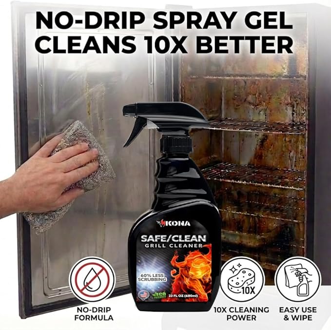 Kona Safe/Clean Grill Cleaner Spray, 23 oz + 6 Stainless Steel Scrub Cloths Bundle, No-Drip Gel Degreaser for Grill Grates, Griddles, Oven, Stainless Steel