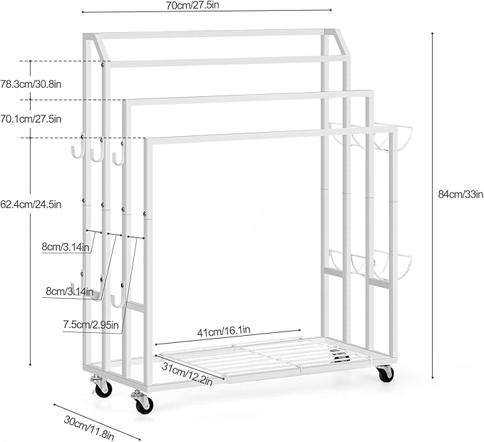 Freestanding Towel Rack for Bathroom Rolling Towel Storage Cart On Wheels Blanket Ladder with Shelf & 6 Hooks, Outddoor Poolside Towel Holder Stand, White