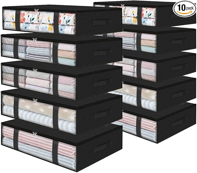 StorageRight Under Bed Storage Bags 10 Pack, 40L Large Clothes & Comforter Storage Containers with Clear Window, Breathable Fabric Organizer for Blankets, Bedding, Seasonal Clothing, Black