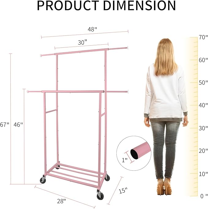 Fishat Portable Pink Double Rods Garment Clothes Rack for Drying with Rolling Clothes Organizer on Lockable Wheels Mobile for Girls Women, 48"W x 15"D x 67"H, Metal Simple Hanging Clothes with 2 Hook