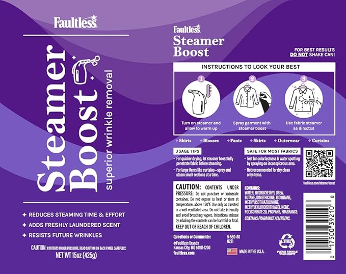 Faultless Steamer Boost (2 Pack) - Wrinkle Remover Spray for Clothes - Fabric Steamer to Reduce Steaming Time & Effort – Travel Wrinkle Spray w/Freshly Laundered Scent & Removes Odor, 15 oz (425g)