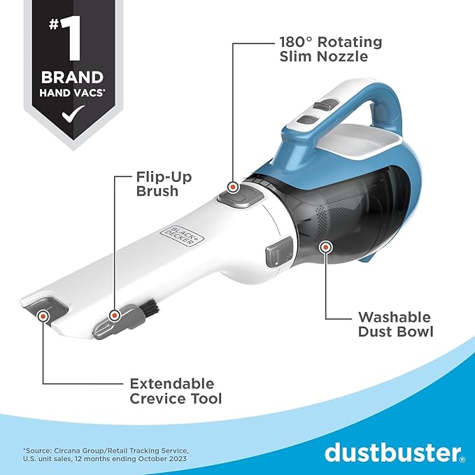 BLACK+DECKER dustbuster AdvancedClean Handheld Vacuum Cordless, Compact Home and Car Vacuum with Crevice Tool, Rotating Nozzle and Charging Station, Large Dust Bowl (CHV1410L)