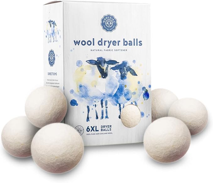 Woolzies Wool Dryer Balls Organic: 6 XL Laundry Balls for Dryer + 10 ml Still Breeze Essential Oil Combo for use as 100% Pure and Natural Fabric Softener | Best Scented Wool Balls Laundry