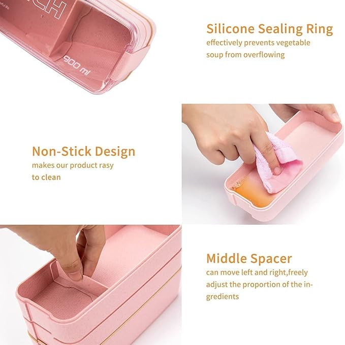 Rarapop Pink Stackable Bento Box Japanese Lunch Box Kit with Spoon & Fork, 3-In-1 Compartment Wheat Straw Meal Prep Containers for Kids & Adults